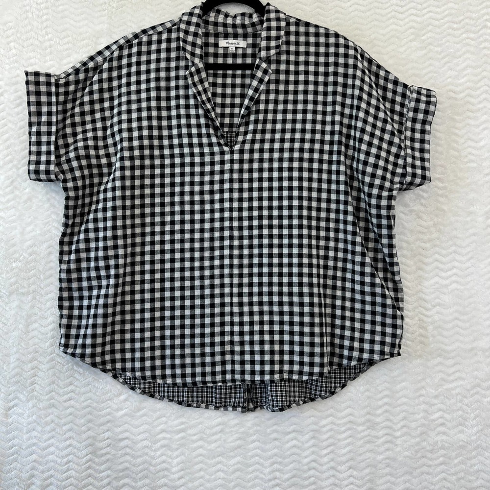 Madewell Shirt Womens XL Black White Gingham Short Sleeve Popover Boxy Relaxed